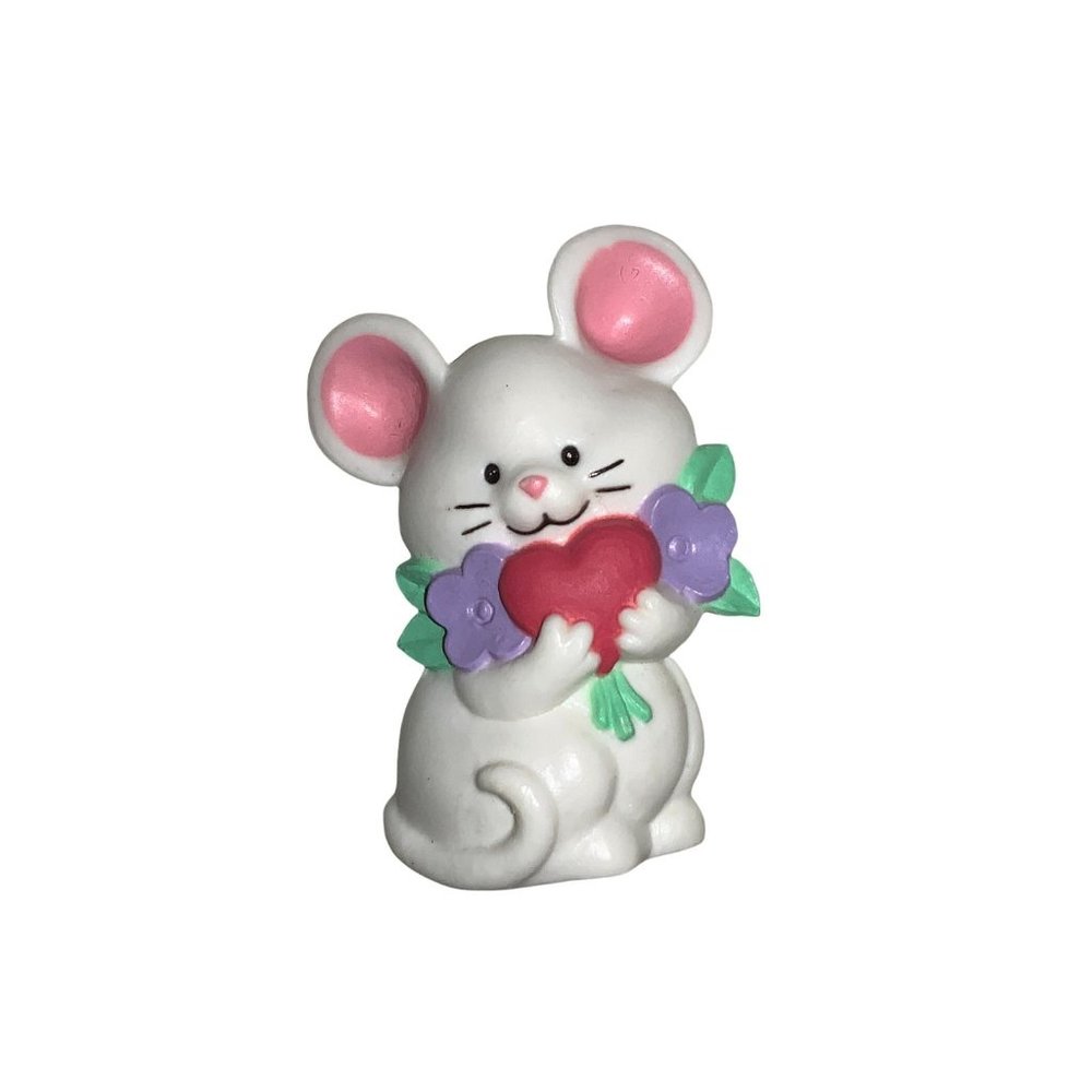 Current PIN FIGURINE Valentines Vintage MOUSE White HEART Flowers Holiday